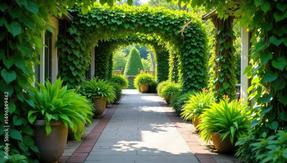 Obraz premium Lush green foliage overflowing from planters lines a charming walkway, creating a vibrant and inviting outdoor space Perfect for garden, landscaping, and nature themes , plant life, pathway