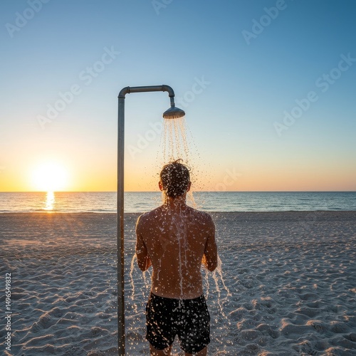 Photo: Man Showering on Beach at Sunset