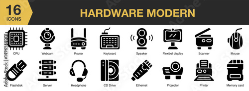 Hardware Modern solid icon set. Includes network, tech, innovation, electronic, connection, science, and More. Solid icons vector collection.