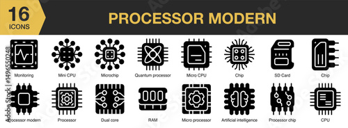 Processor Modern solid icon set. Includes network, future, circuit, chip, science, artificial, intelligence, and More. Solid icons vector collection.