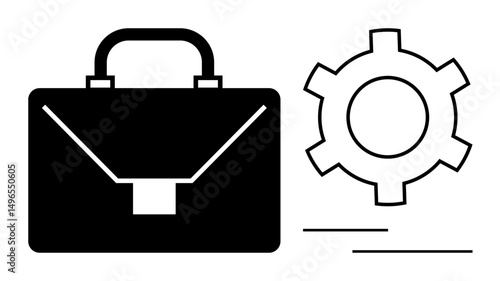 Black briefcase and gear icon symbolizing business operations, collaboration, or workflow systems. Ideal for management, planning, process improvement, corporate strategy, productivity, teamwork