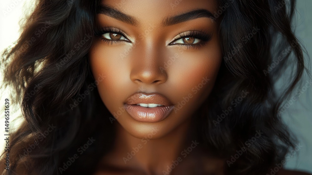 Fototapeta premium Close-up portrait of a confident woman with glowing golden makeup and soft wavy dark hair looking directly at the camera