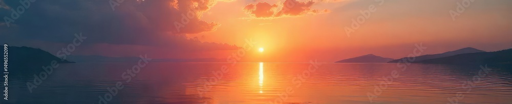 Fototapeta premium Serene sunrise over tranquil water, reflecting the peaceful glow of dawning hope; a meditation on optimism and inner peace , hope, inner peace