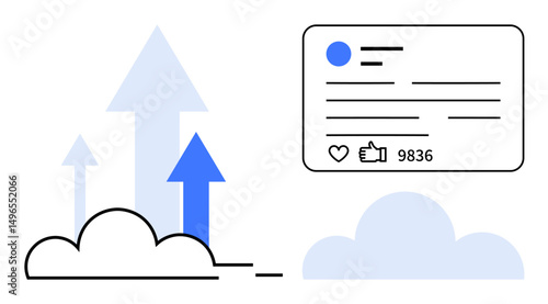 Arrows rising from the cloud highlight growth with a social media post showing thumbs ups and engagement. Ideal for growth, analytics, social media, user engagement, marketing, strategy, simple
