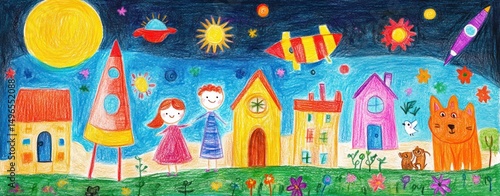 Colorful children's drawing showing a night scene with houses, stars, planet, rocket, spaceship, two happy children, animals, and flowers on a green meadow under a bright sky