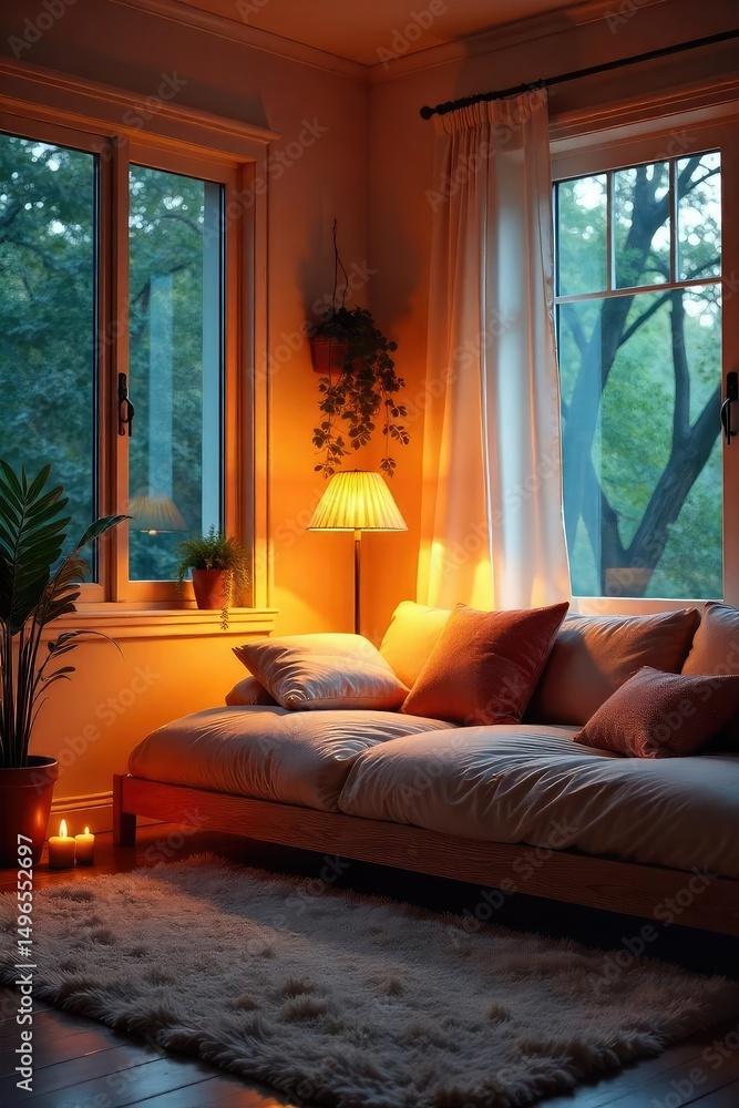 Fototapeta premium Soft, warm ambient lighting illuminates a cozy room, perfect for relaxation and unwinding The scene evokes feelings of peace and tranquility , quiet, cozy, unwind