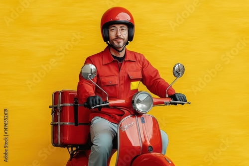 Smiling delivery man in red helmet and jacket riding a red scooter with a delivery box against a bright yellow background