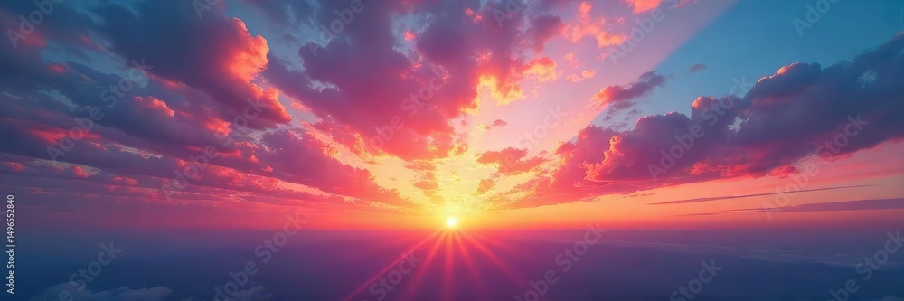 Fototapeta premium Stunning panoramic view of a breathtakingly beautiful sky, filled with vibrant colors at sunset or sunrise Perfect for travel, nature, and inspirational projects , summer, travel