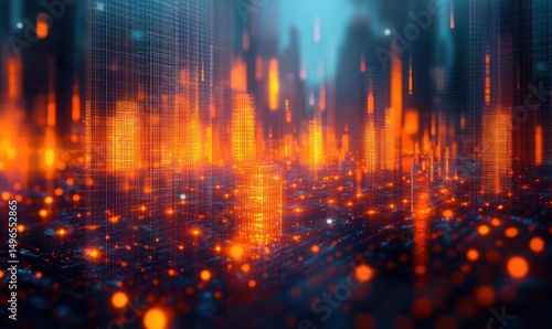 Wallpaper Mural Abstract digital cityscape with glowing orange and blue lights forming skyscraper-like structures in a futuristic and vibrant ambiance Torontodigital.ca