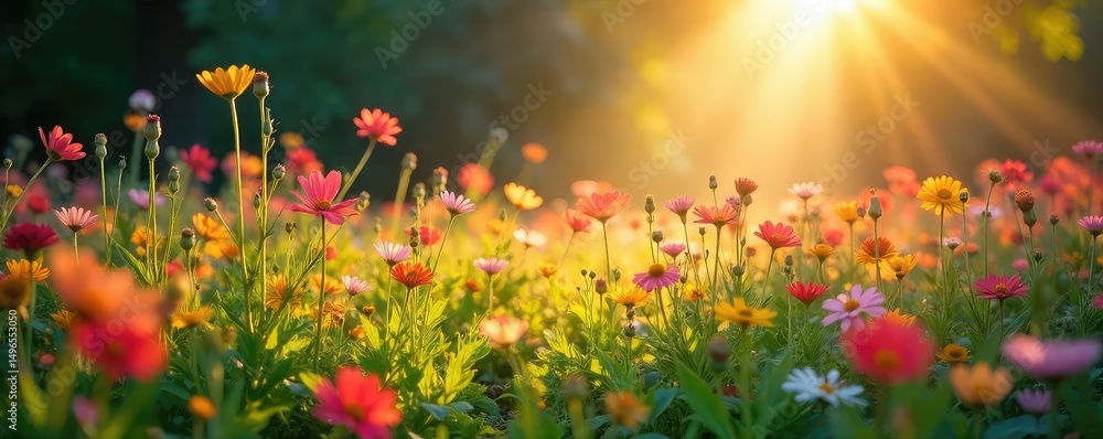 Fototapeta premium Sunbeams illuminate a field of wildflowers, creating a breathtaking, ethereal glow Perfect for nature, beauty, and serenity themes , summer, rustic