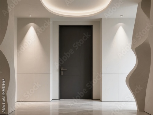 Modern Interior with Black Door and Curved Walls