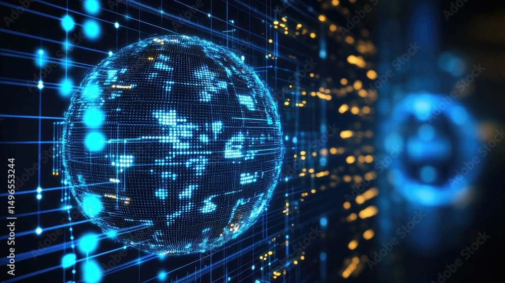 Fototapeta premium Global network data visualization; a digital globe embedded within complex circuitry, showcasing interconnectedness and digital flow