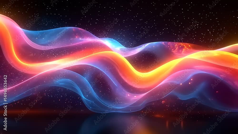 Energetic plasma waves with vibrant colors and starry background, cosmic abstract visualization