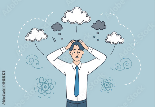 Frustrated man in a white shirt and tie, overwhelmed by chaotic thoughts.