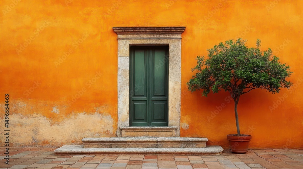 Fototapeta premium green wooden door set in an orange textured wall with stone steps and a potted green leafy plant to the right on tiled ground