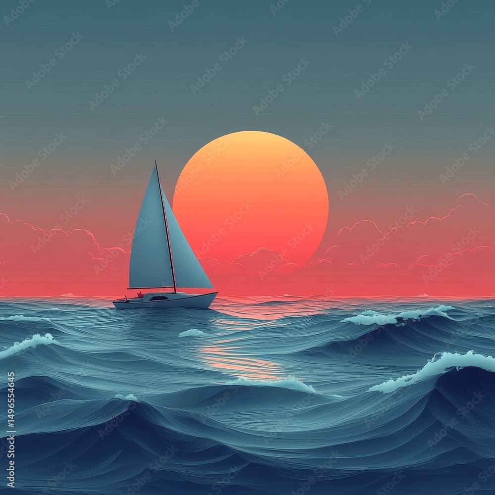 Fototapeta premium Sailboat sunset ocean waves digital art