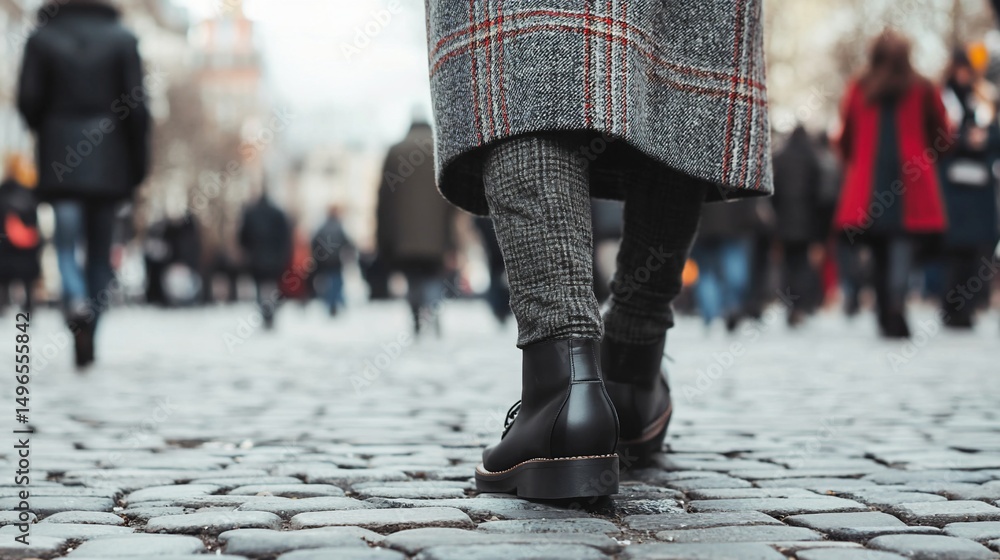 Obraz premium Urban stride: A stylish individual navigates a bustling cobblestone cityscape