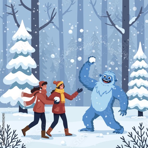 People Playing Snowball Fight with Yeti in Forest Winter Scene