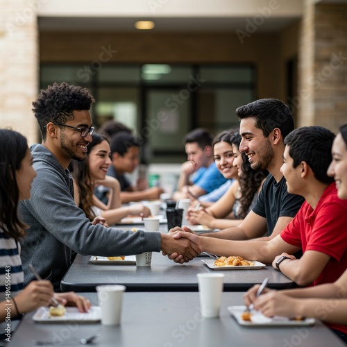 Photo Diverse Students Shaking Hands in Cafeteria