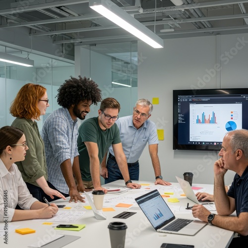 Photo Diverse Team Analyzes Charts in Modern Office Meeting