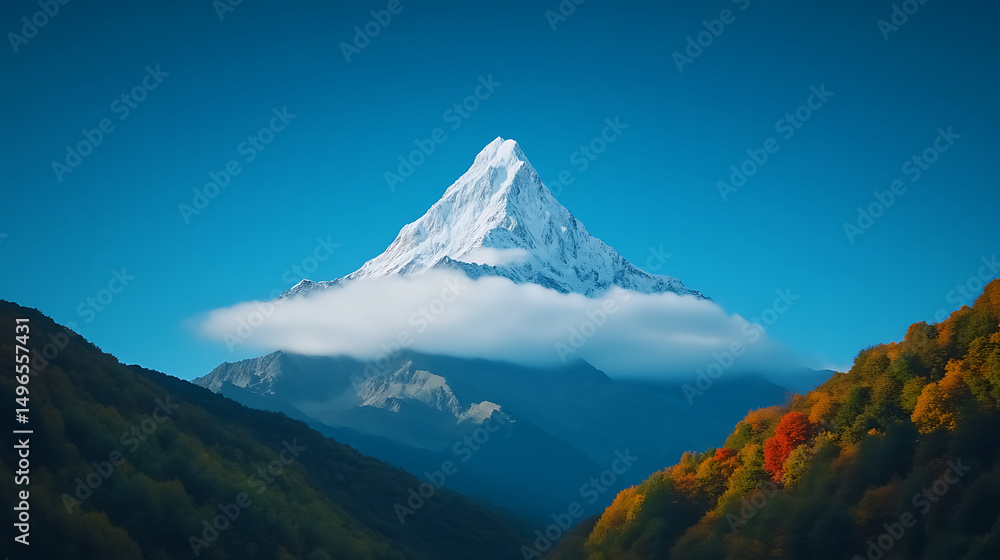 Fototapeta premium Majestic Snow-Capped Mountain Rises Above Colorful Autumn Foliage Under a Clear Blue Sky at Sunrise