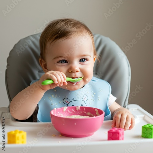 Photo of Baby Eating Oatmeal in Highchair