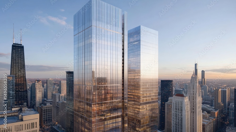 Obraz premium Modern Skyscrapers Reflecting Sunset Over Urban Cityscape