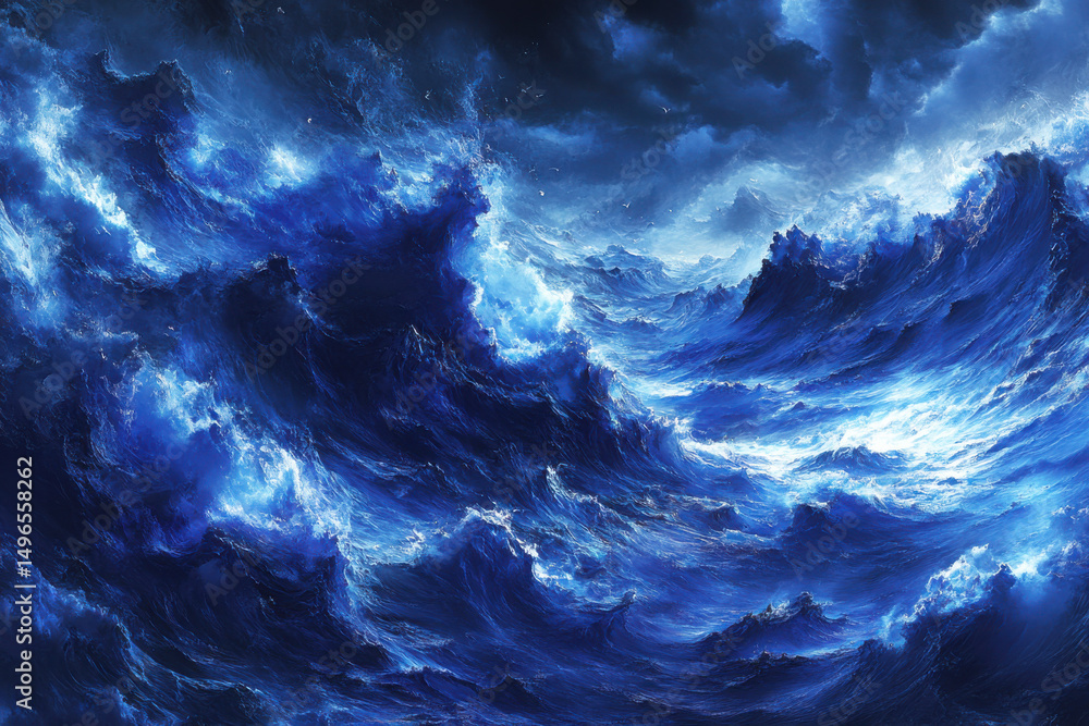 Fototapeta premium Dramatic, towering ocean waves crash under a dark, stormy sky with vivid blue highlights and swirling water.