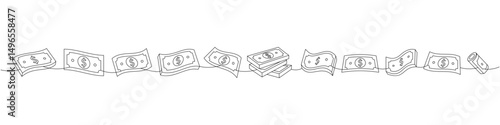 Paper bank notes one line continuous drawing. Money investment and finance. Vector illustration.