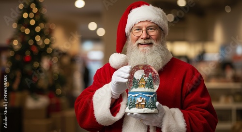 Photo: Santa Claus Holding Snow Globe in Christmas Store
