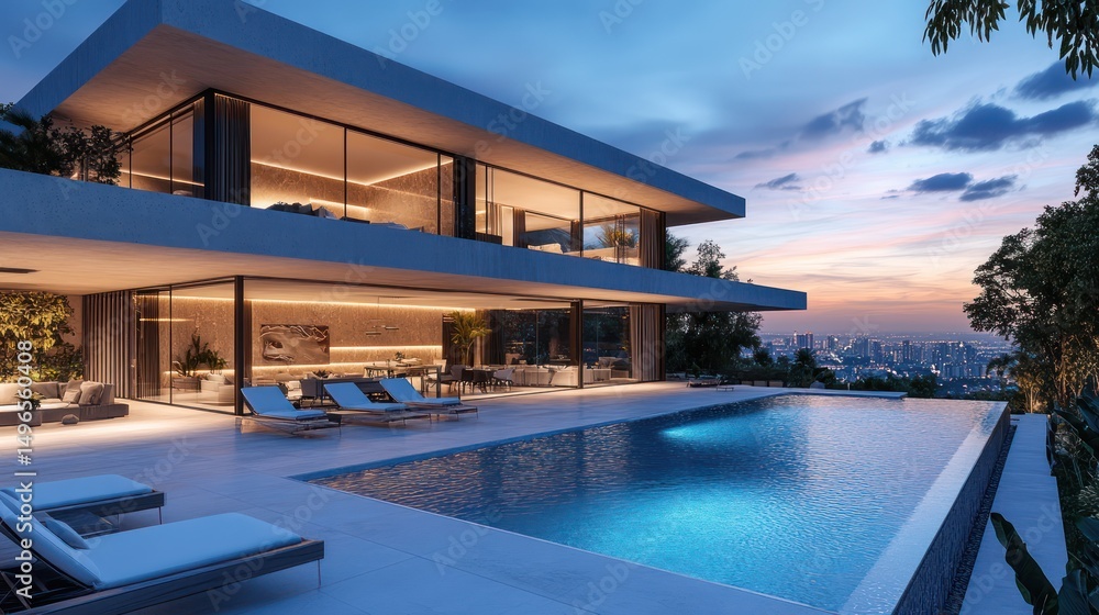 Obraz premium Luxury villa with pool overlooking the city skyline at dusk serene retreat