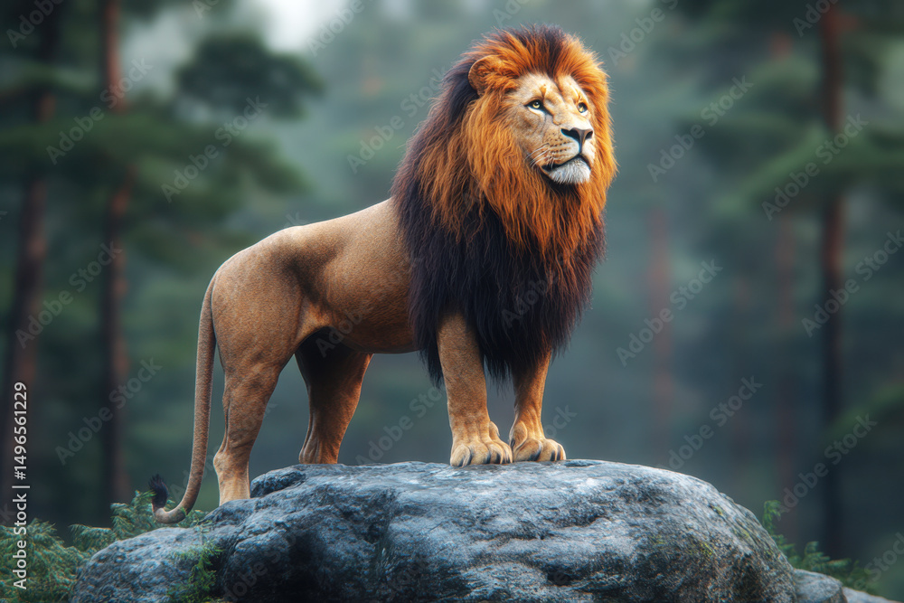 Naklejka premium A majestic lion stands proudly on a rock, surrounded by a lush forest background.