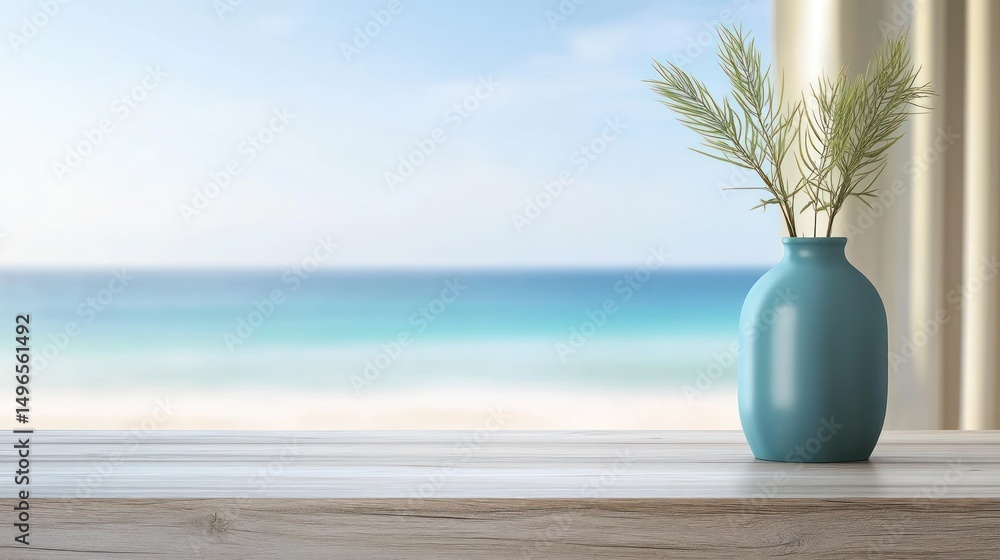 Serene Coastal View: Teal Vase with Greenery
