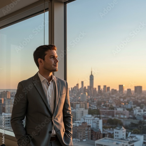 Photo of Businessman Contemplating City View at Sunset
