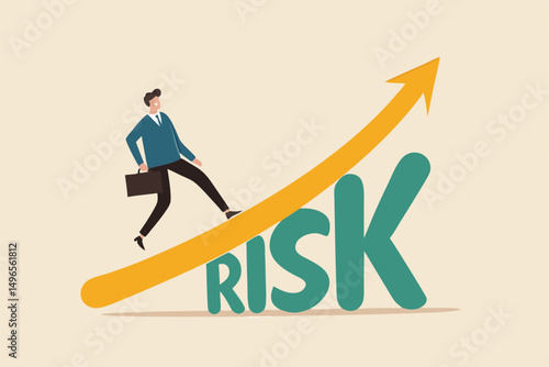 High risk high return stock market investment, trade off of risky investment asset rewarding growth return concept, confident smart investor walking on grow up stock market graph above the word Risk.