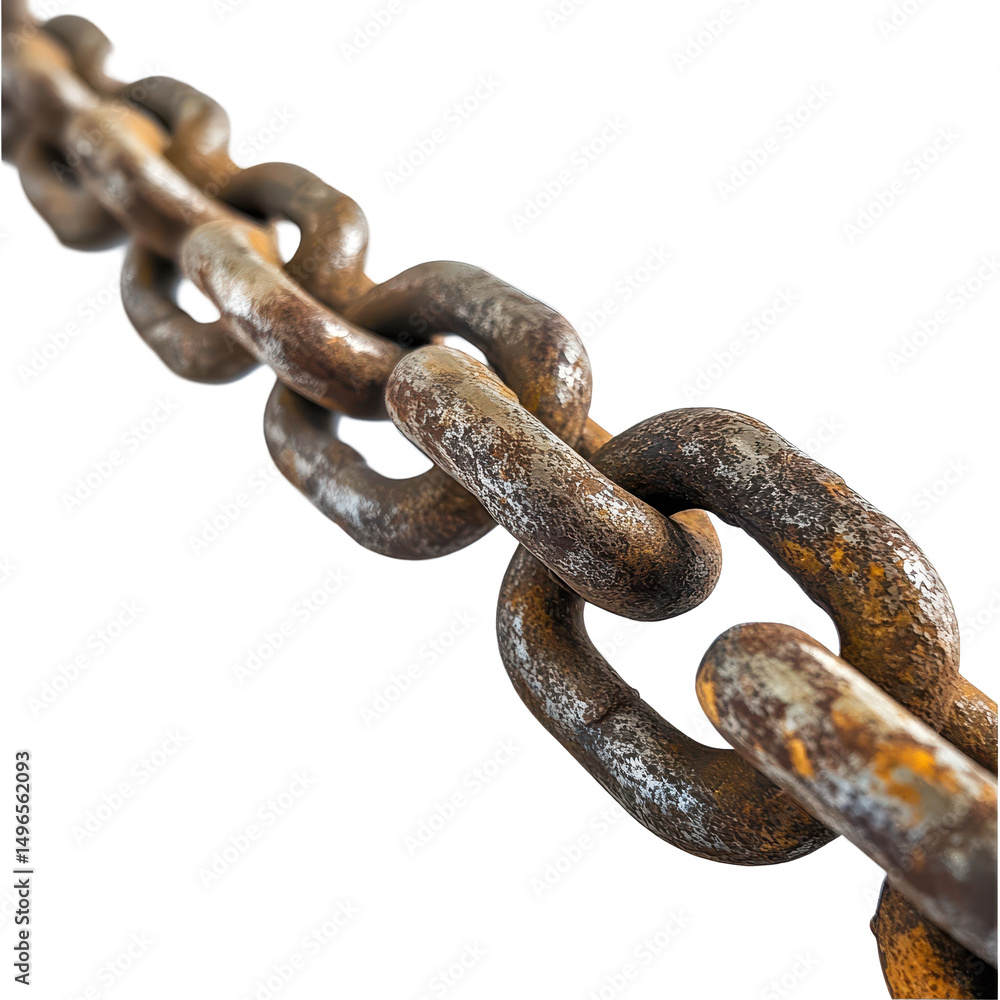 Obraz premium Heavyduty industrial chain resting on white background emphasizing rust and wear for durability analysis, Heavyduty Industrial Chain, white background