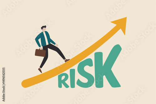 High risk high return stock market investment, trade off of risky investment asset rewarding growth return concept, confident smart investor walking on grow up stock market graph above the word Risk.
