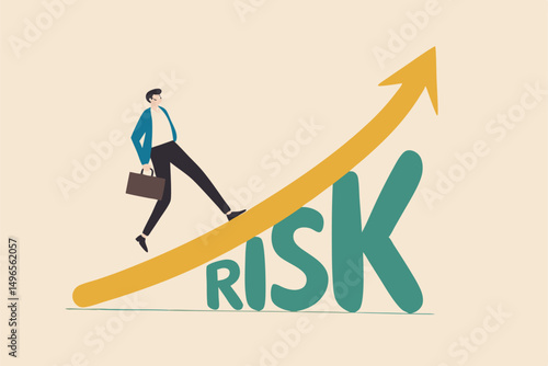 High risk high return stock market investment, trade off of risky investment asset rewarding growth return concept, confident smart investor walking on grow up stock market graph above the word Risk.