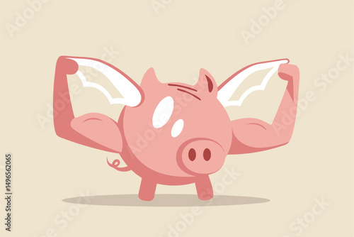 Strong financial health, success personal finance strategy or money power and growth investment concept, Strong pink piggy bank with muscle arms and flying wings ready to fight for business profit.