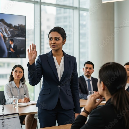 Photo of Businesswoman Raising Hand in Corporate Meeting