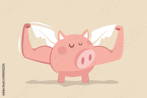 Strong financial health, success personal finance strategy or money power and growth investment concept, Strong pink piggy bank with muscle arms and flying wings ready to fight for business profit.