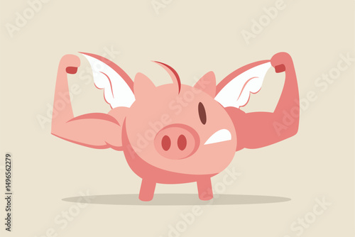 Strong financial health, success personal finance strategy or money power and growth investment concept, Strong pink piggy bank with muscle arms and flying wings ready to fight for business profit.