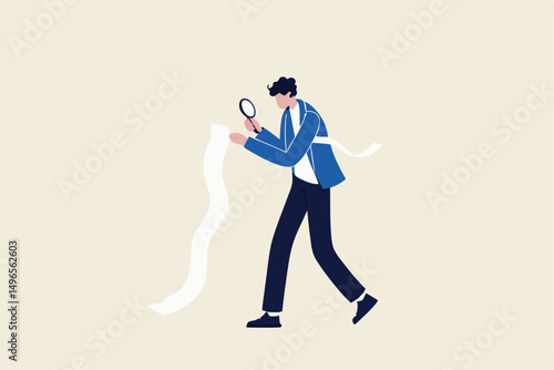 Paying bills, cost and expense analysis for business or personal finance concept, smart businessman using magnifying glass to analyze budget, income tax or expense on long invoice receipt paper.