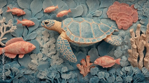 Ocean turtle relief art, coral reef background, underwater scene, wall decor
