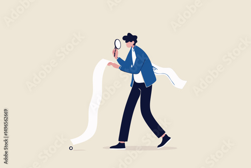 Paying bills, cost and expense analysis for business or personal finance concept, smart businessman using magnifying glass to analyze budget, income tax or expense on long invoice receipt paper.