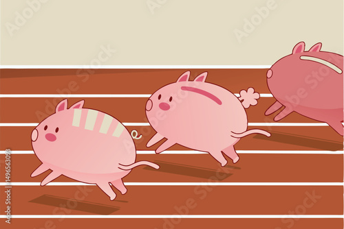Mutual funds, stock investment performance or savings, business profit concept, pink piggy banks running fast to reach target, they compete on race track and field path to win the finance money game.