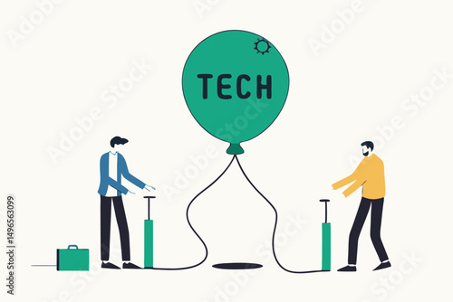 Technology or Tech stock bubble, overvalued stock causing by economic crisis and greedy investors concept, businessmen investor take risk by pumping air into ready to burst balloon with the word TECH.