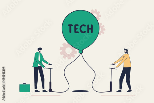Technology or Tech stock bubble, overvalued stock causing by economic crisis and greedy investors concept, businessmen investor take risk by pumping air into ready to burst balloon with the word TECH.