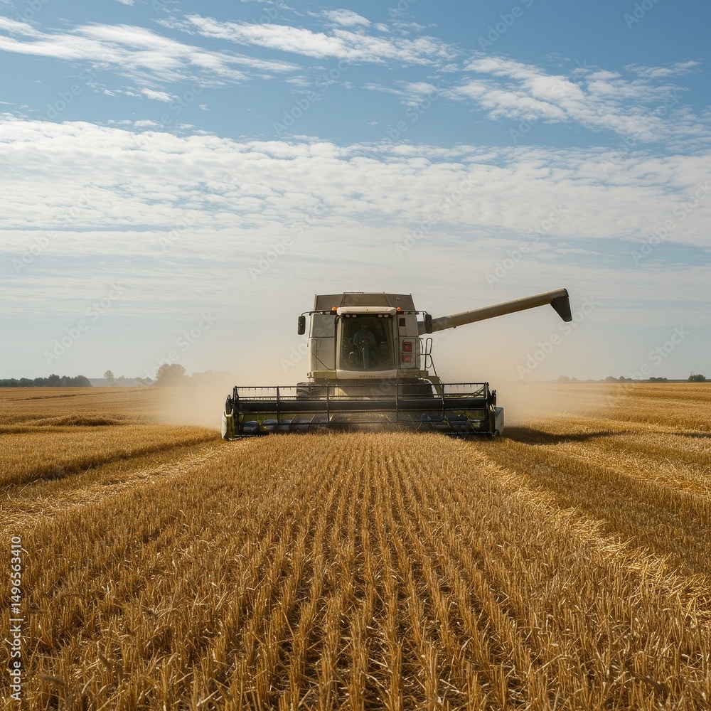 Fototapeta premium Photo of Combine Harvester in Wheat Field