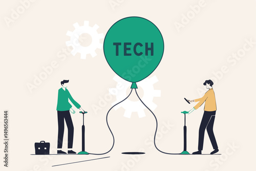 Technology or Tech stock bubble, overvalued stock causing by economic crisis and greedy investors concept, businessmen investor take risk by pumping air into ready to burst balloon with the word TECH.